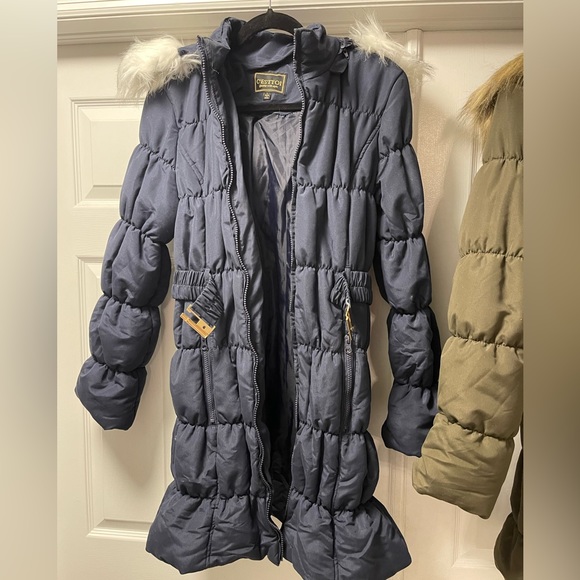 M/L Women’s Winter Puffer Quilted Coat jacket with fur around hoodie Navy /Green - Picture 2 of 9